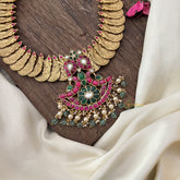 Vriksham Dual Peacock With Lakshmi Coin Kundan Jadau Neckpiece-Off White & Pastel Green Bead-J2958
